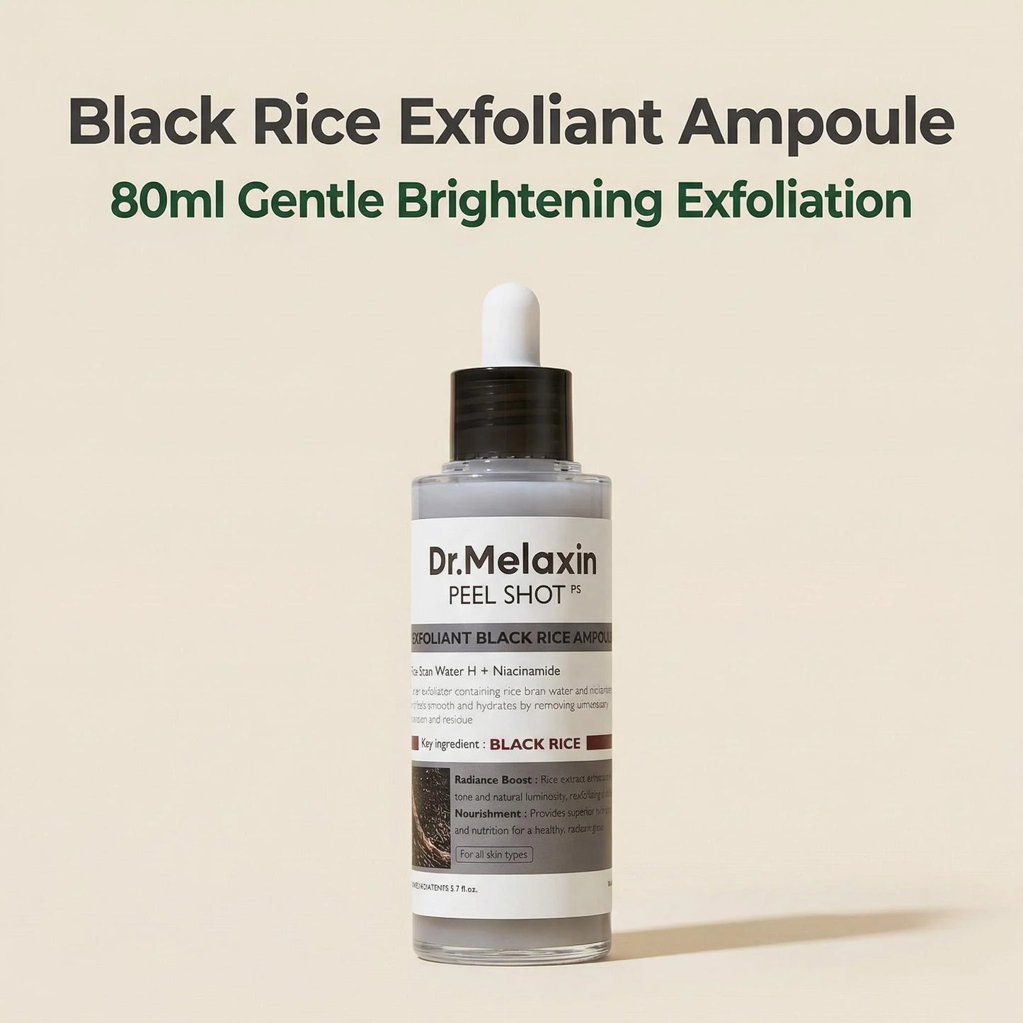 Black Rice Exfoliating Ampoule 80ml, Rice Water Extract, AHA BHA, Niacinamide, All Skin Types