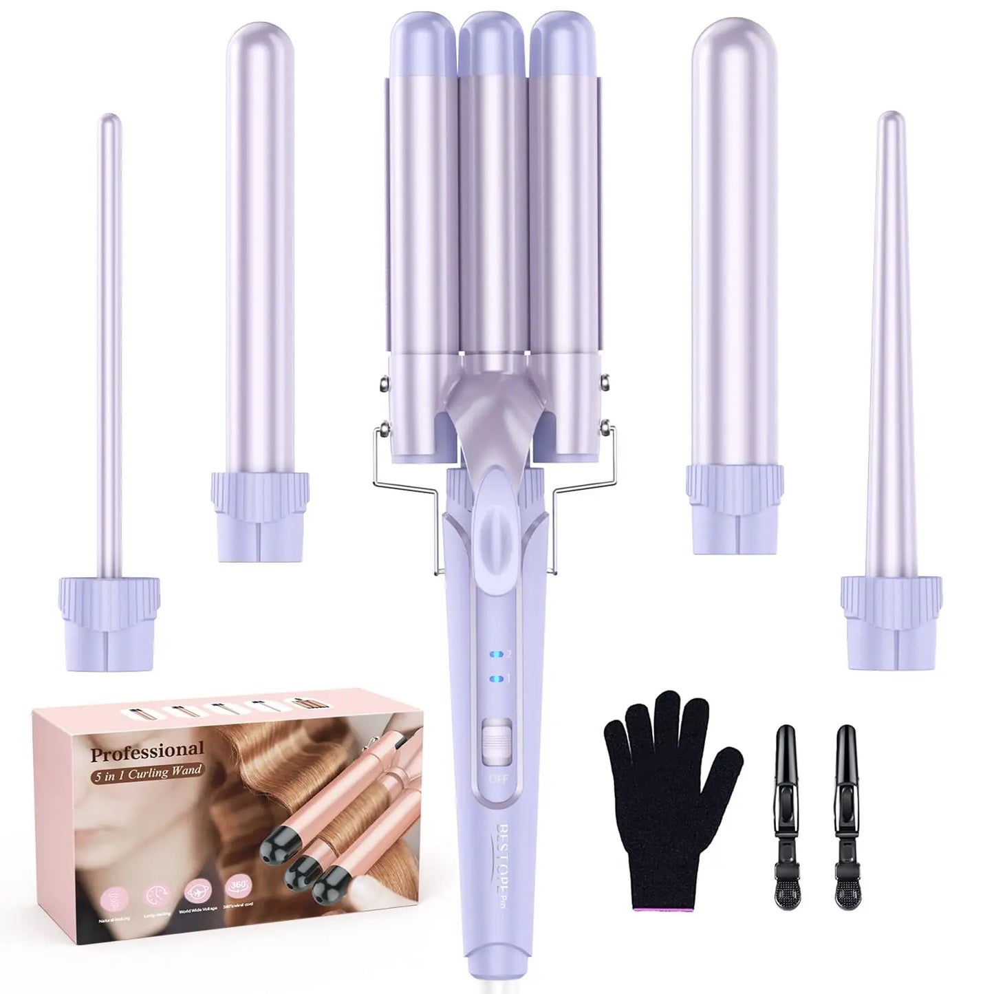 BESTOPE PRO Waver Curling Iron Wand, 5 in 1 Curling Wand Set with 3 Barrel Hair Crimper for Women, Fast Heating Hair Wand Curle