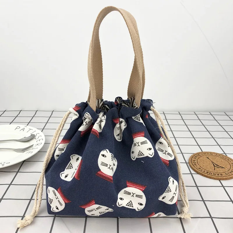 Cute Bento Bag Tote Canvas Lunch Bags Cartoon Anime Drawstring Bag Foldable Holds Two Lunch Boxes