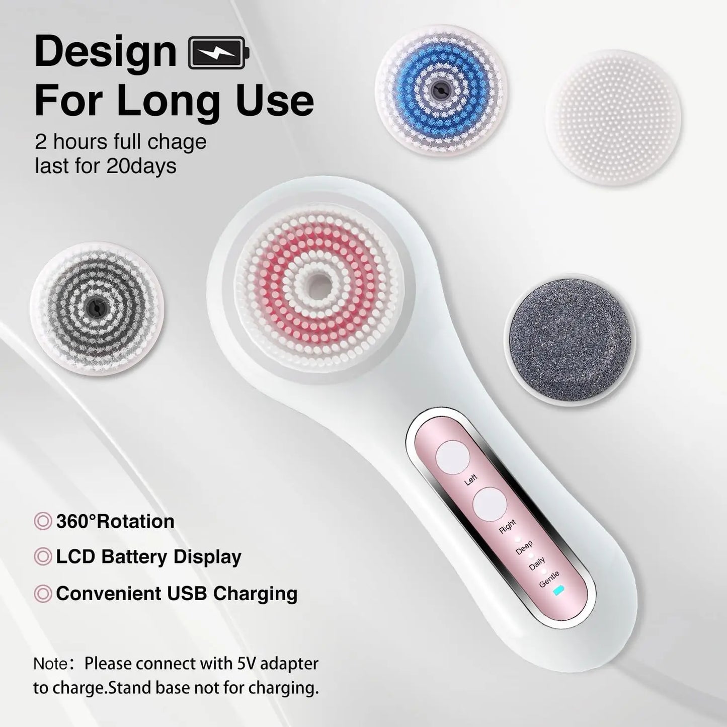 Rechargeable Facial Cleansing Brush with 2-Way Rotation, 3 Modes, 30-Day Runtime, IPX7 Waterproof for All Skin Types
