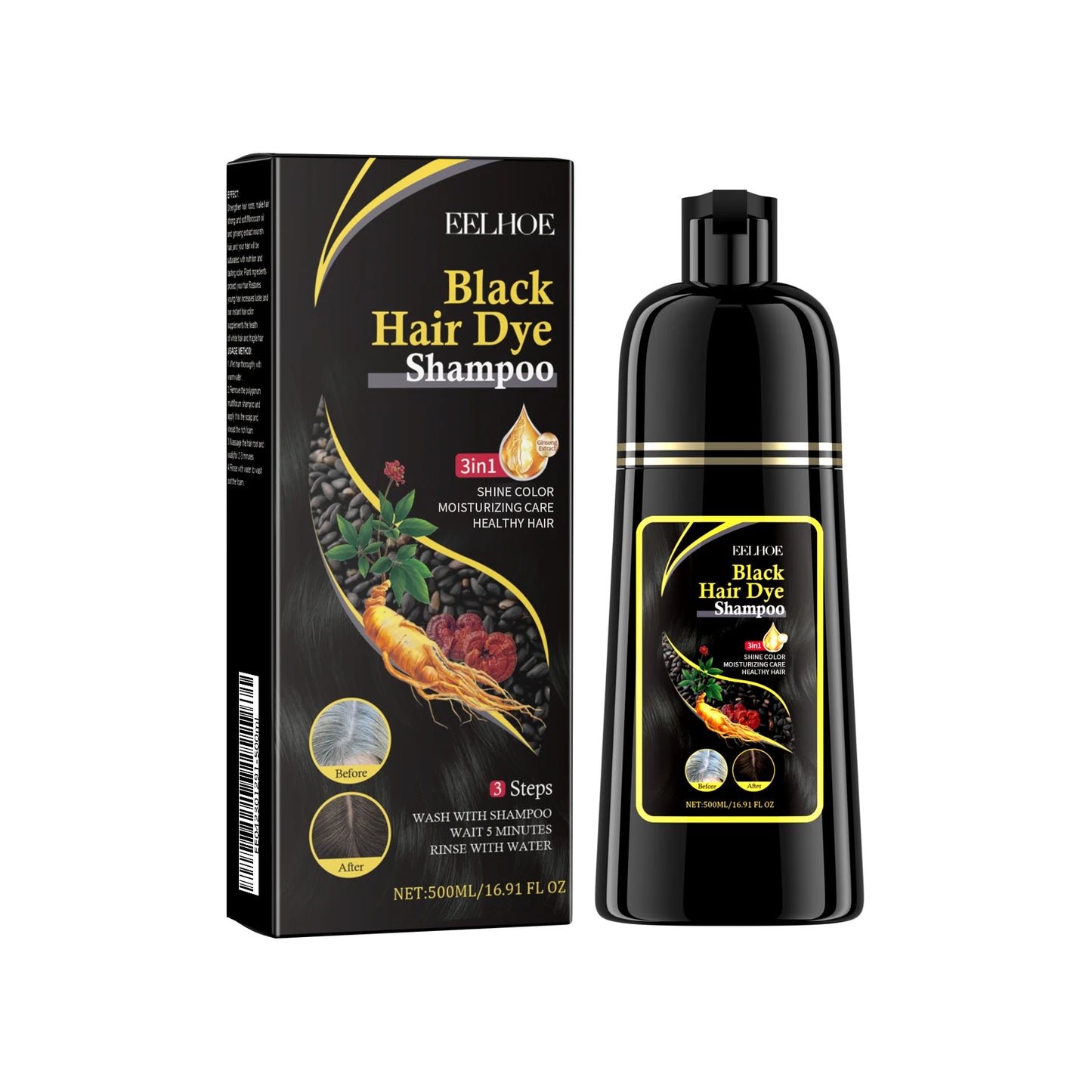 USA Stock Black Hair Dye Shampoo Natural Polygonum Herb Hair Darkening Shampoo Ginger Extract Grey Hair Reverse Repair Scalp Care Anti Hair Loss Anti Dandruff Shampoo for Men Women 500ml