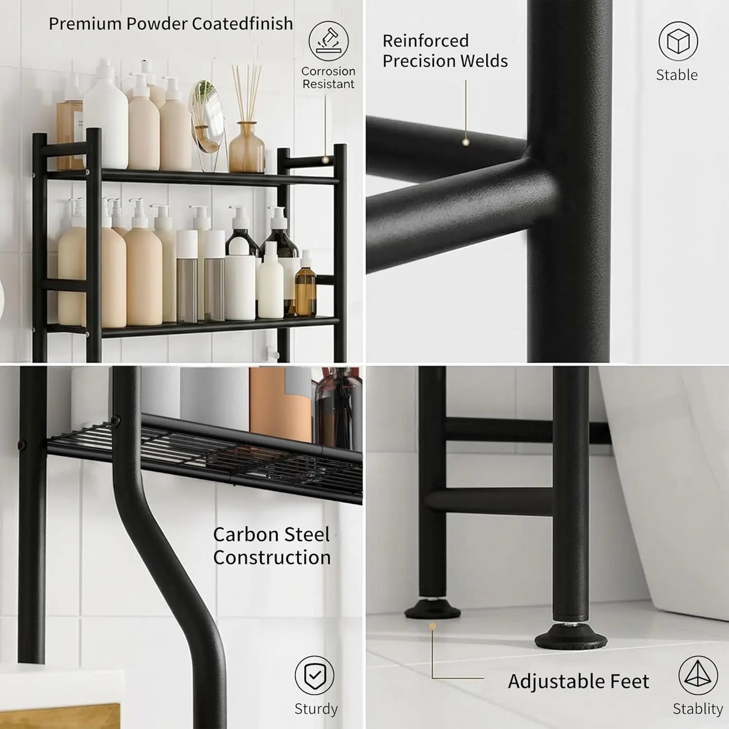 3-Tier Over Toilet Storage with Anti-Tilt Safety System - 150lb Total Capacity Metal Bathroom Shelves