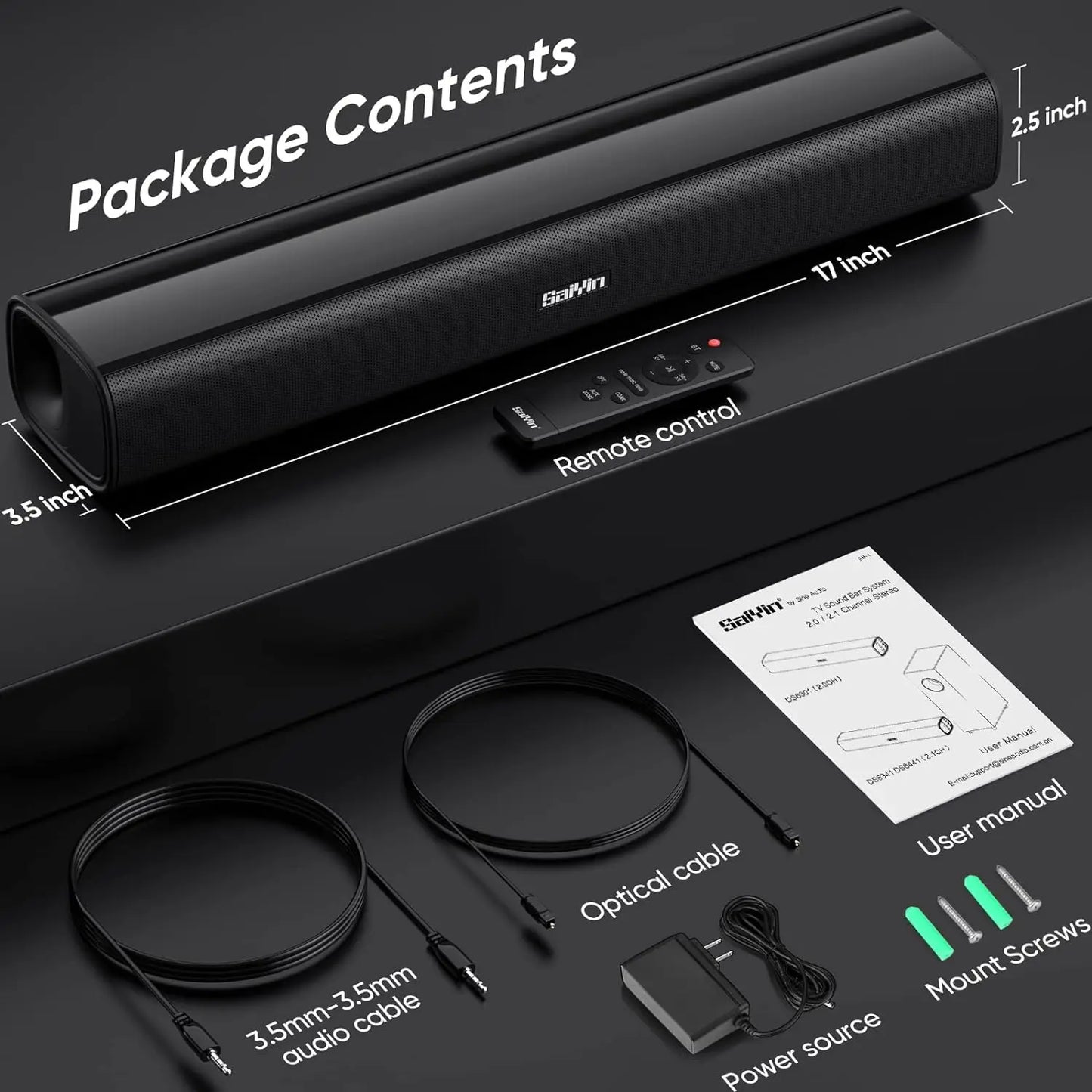 Saiyin Sound Bars for Tv, 40 Watt Small Tv Sound Bars, Surround Sound System Tv Sound Bors, with Bluetooth/Fiber Optic/Aux Connection, Suitable for Pc/Game/ Projector, 17inch