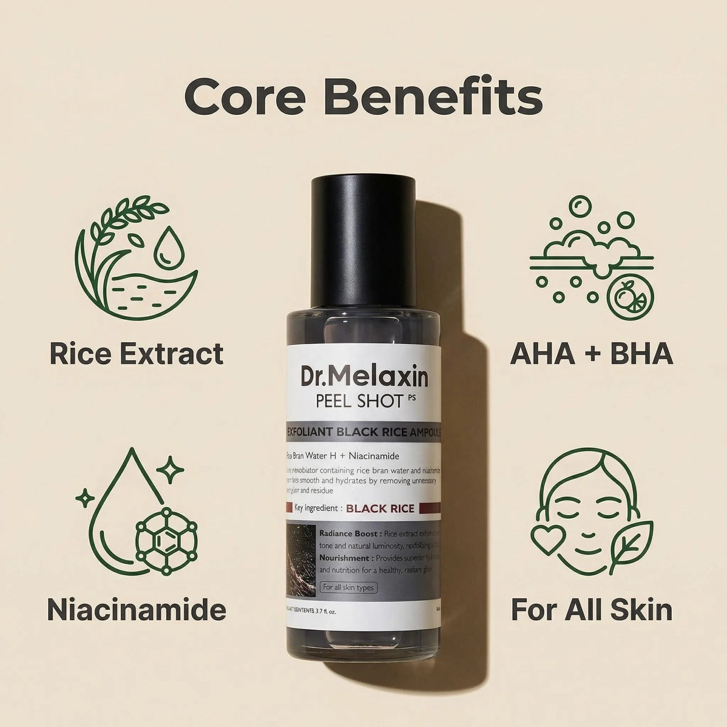 Black Rice Exfoliating Ampoule 80ml, Rice Water Extract, AHA BHA, Niacinamide, All Skin Types