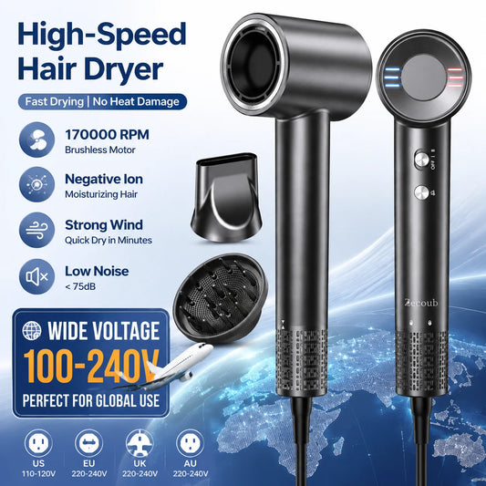 Dual Voltage Travel Hair Dryer, 170,000 RPM High-Speed Blow Dryer for Fast Drying,500M Ionic Hairdryer with Diffuser for Women & Men,Thermo-Control & Lightweight,Quiet,European International 100-240V