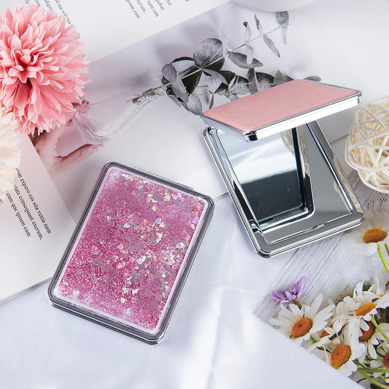Mini Pocket Makeup Mirror Creative Cosmetic Compact Mirrors with Flowing Sand Foldable Student Compact Cute Pocket Mirror ﻿