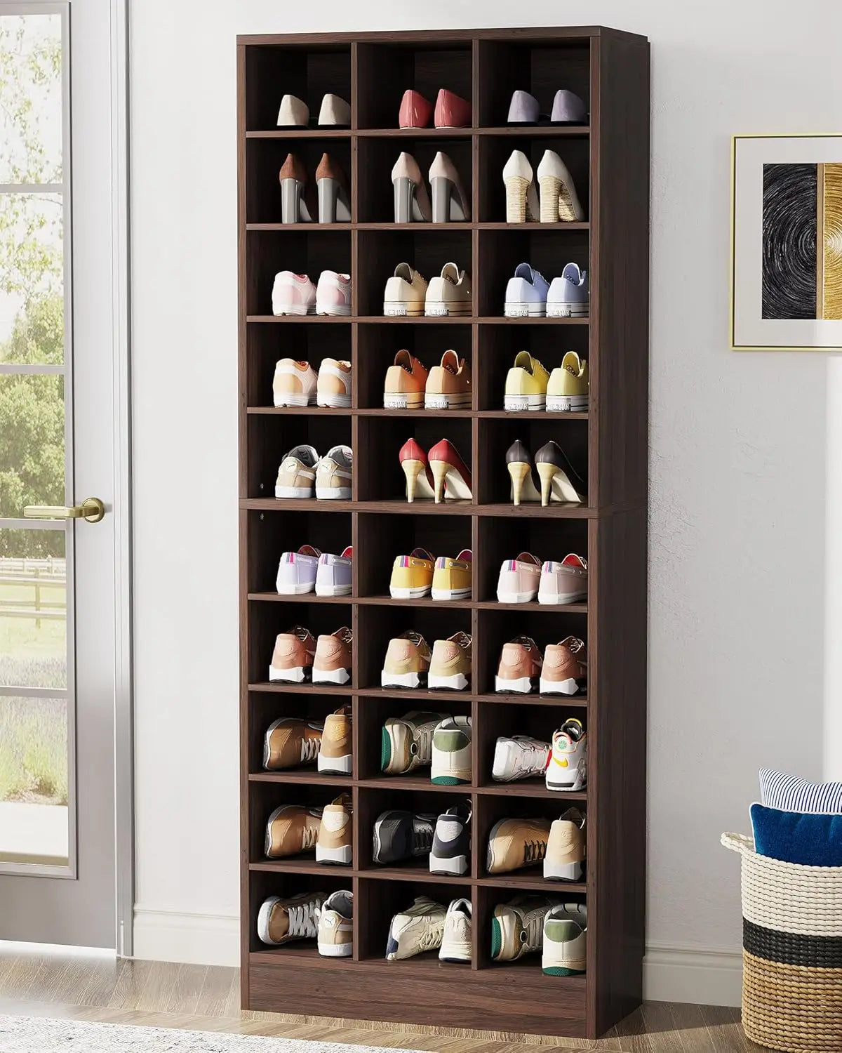 10-Tier Shoe Storage Cabinet, White Wooden Shoe Rack with 30 Cubbies, Freestanding Tall Entryway, Customized