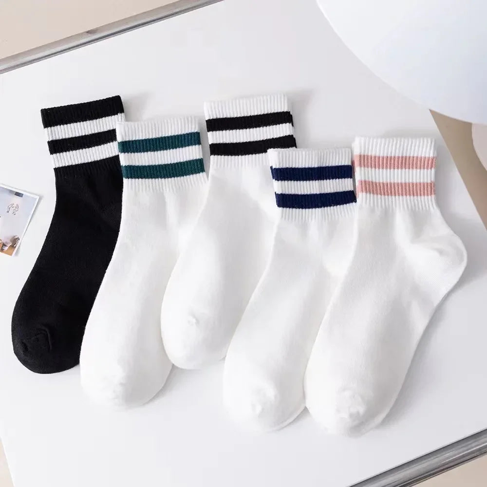 1/5/6/10/20 Pairs Women Mid Tube Socks Fashion Breathable Sports Sock  Parallel Bar Pattern Sweat Wicking Non Pilling Girl Sock