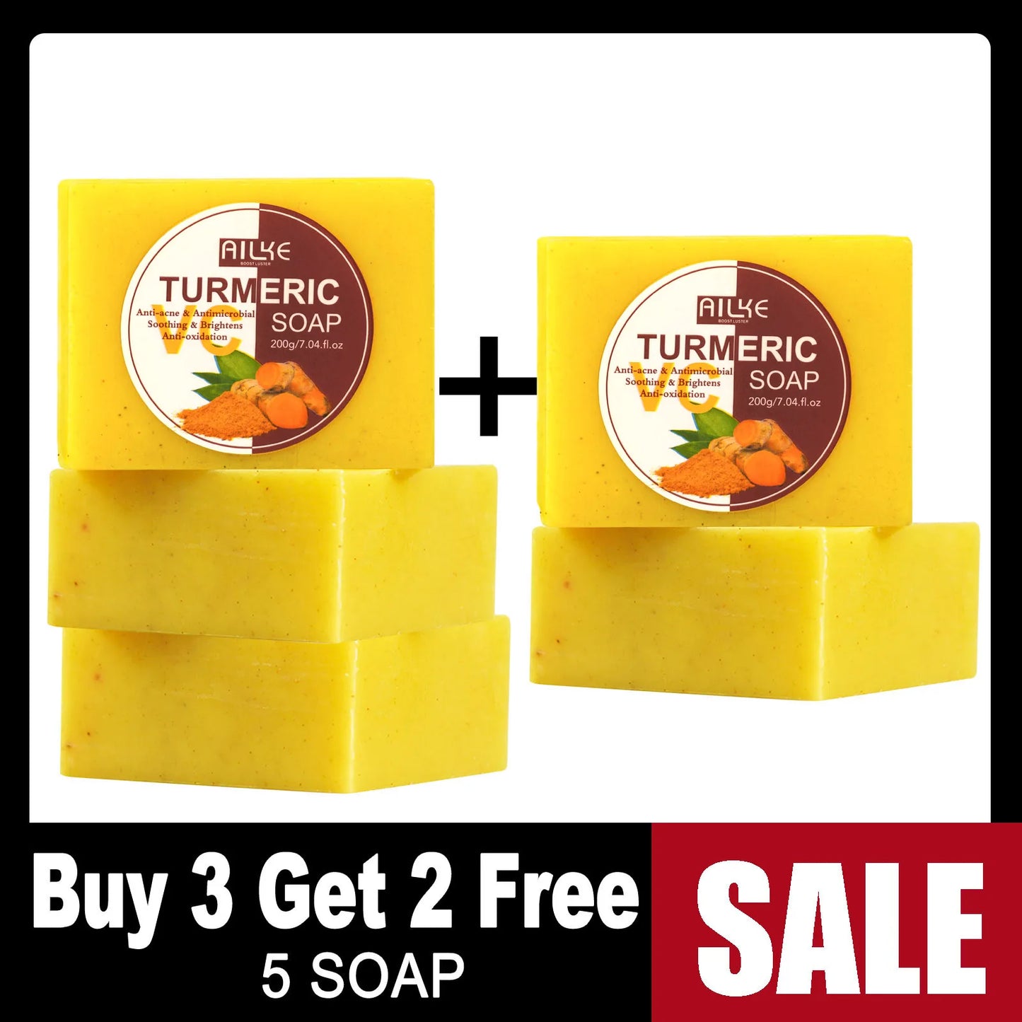AILKE Natural Turmeric Soap for Face & Body & Hands, Lighten, Clean Stains, Brighten Skin Tone, Reduce Various Spots