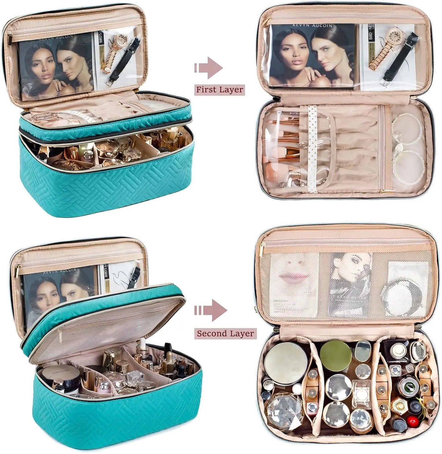Large Travel Makeup Bag Organizer, Double Layer Train Case for Brushes, Bottles, Palettes, Sponge - Cosmetic Storage