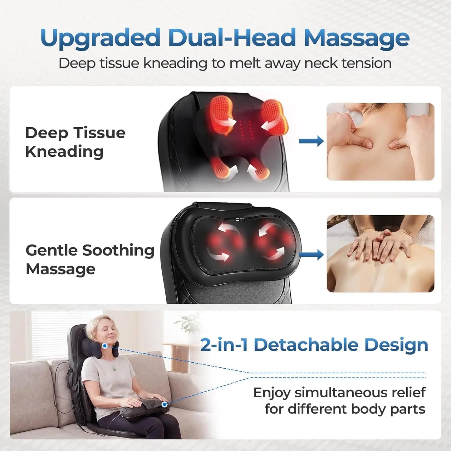 3-in-1 Shiatsu Neck and Back Massage Cushion with Heat - 4D Kneading and Vibration for Muscle Relief, Adjustable Intensity and Height for Office Chair and Home Use, Full Body Massage Pad for Recliner and Sofa, Massage Chair P