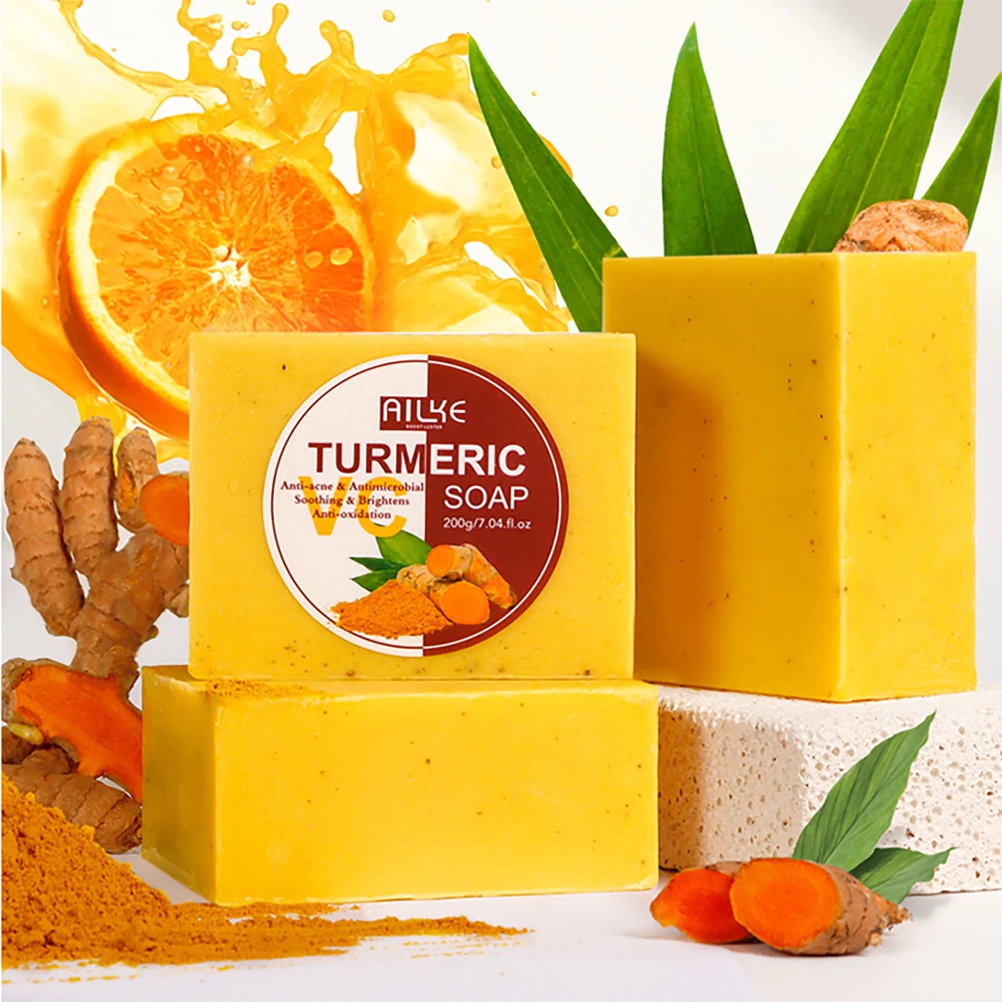 AILKE Natural Turmeric Soap for Face & Body & Hands, Lighten, Clean Stains, Brighten Skin Tone, Reduce Various Spots