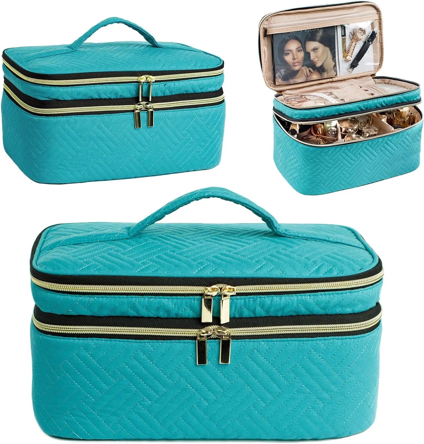 Large Travel Makeup Bag Organizer, Double Layer Train Case for Brushes, Bottles, Palettes, Sponge - Cosmetic Storage
