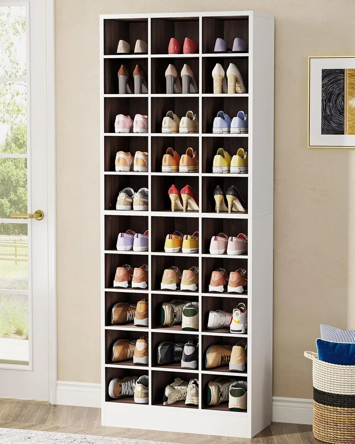 10-Tier Shoe Storage Cabinet, White Wooden Shoe Rack with 30 Cubbies, Freestanding Tall Entryway, Customized