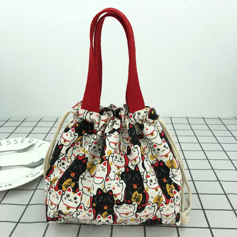 Cute Bento Bag Tote Canvas Lunch Bags Cartoon Anime Drawstring Bag Foldable Holds Two Lunch Boxes