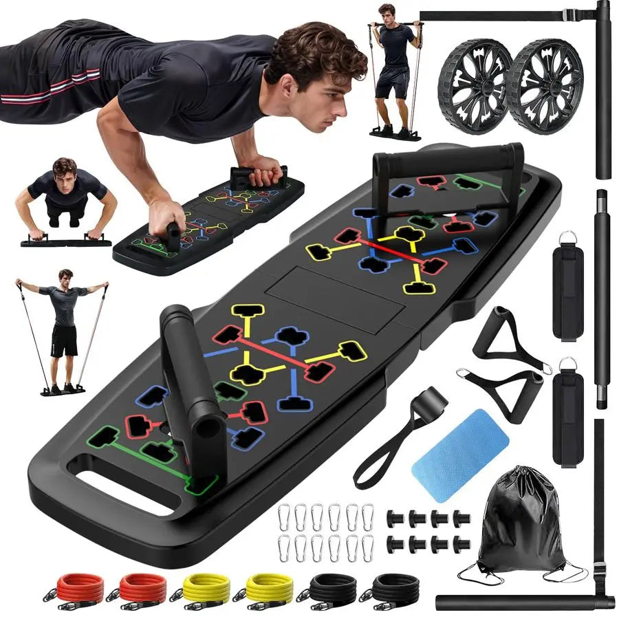 Push Up Board,Home Gym,Portable Exercise Equipment,Pilates Bar and 20 Fitness Accessories with Resistance Bands and Ab Roller Wh
