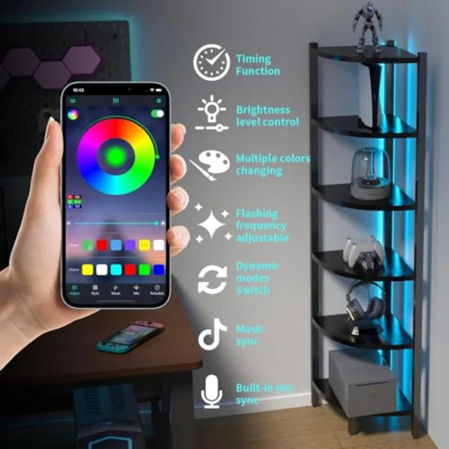 Corner Shelf with LED Lights, 6-Tier Corner Bookshelf, 66'' Organizer Book Shelf Shelves Steel Frame Display Stand with Living