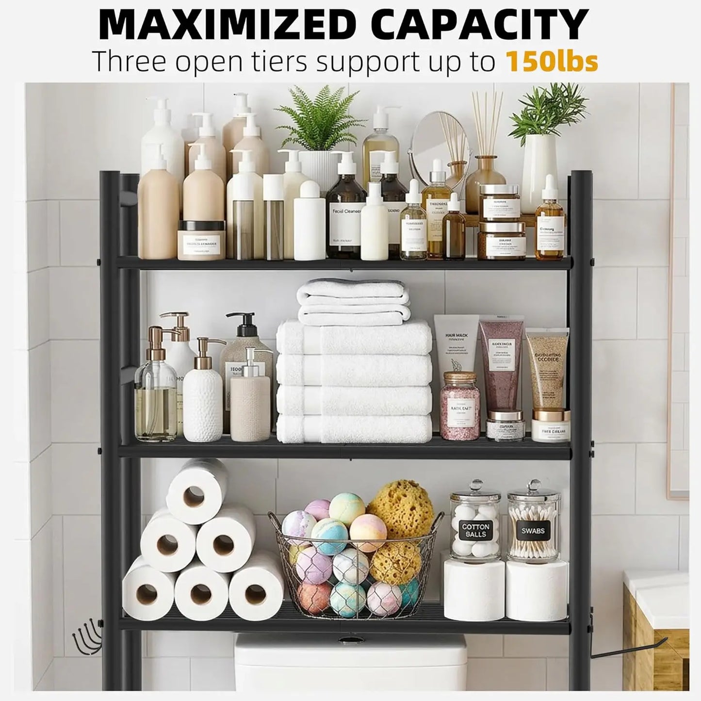 3-Tier Over Toilet Storage with Anti-Tilt Safety System - 150lb Total Capacity Metal Bathroom Shelves