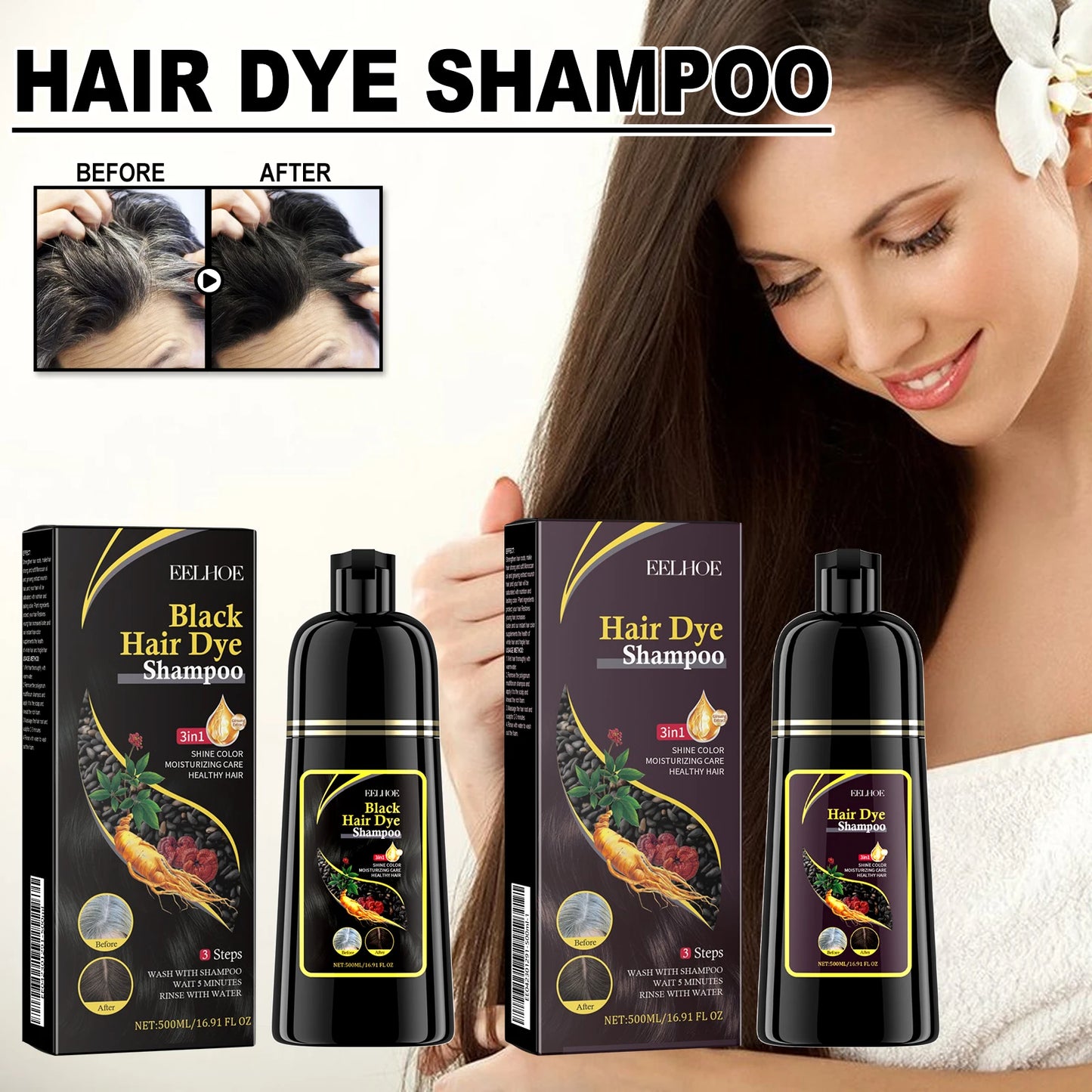 USA Stock Black Hair Dye Shampoo Natural Polygonum Herb Hair Darkening Shampoo Ginger Extract Grey Hair Reverse Repair Scalp Care Anti Hair Loss Anti Dandruff Shampoo for Men Women 500ml