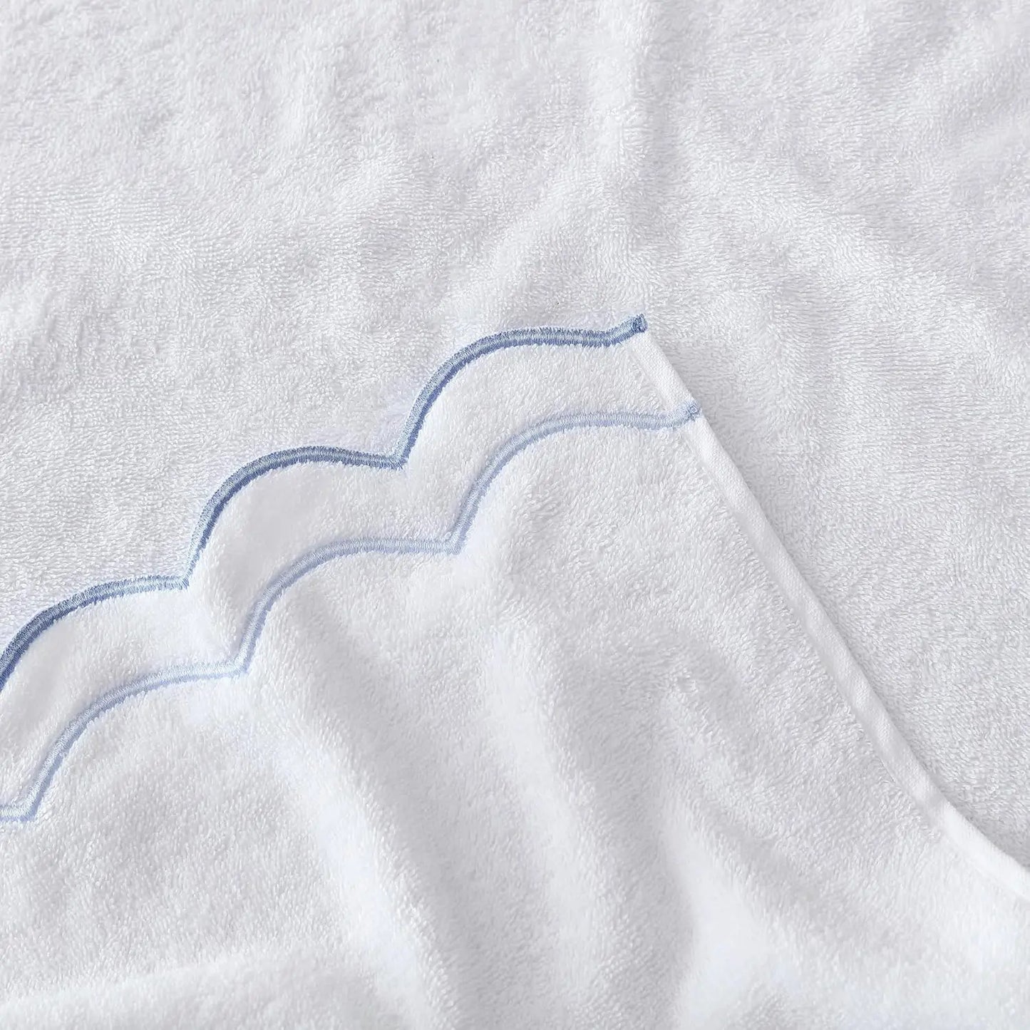 100% Cotton Embroidered Hand Towel, Soft & Absorbent, 500 GSM, White with Blue Scallop, 16x27 Inches