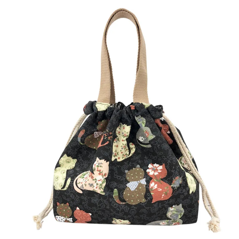 Cute Bento Bag Tote Canvas Lunch Bags Cartoon Anime Drawstring Bag Foldable Holds Two Lunch Boxes