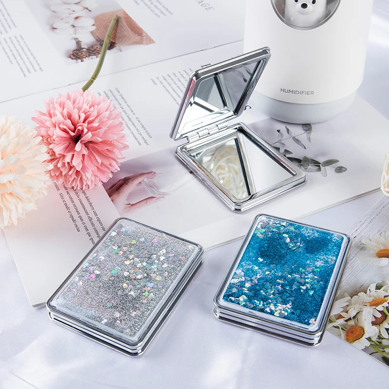 Mini Pocket Makeup Mirror Creative Cosmetic Compact Mirrors with Flowing Sand Foldable Student Compact Cute Pocket Mirror ﻿