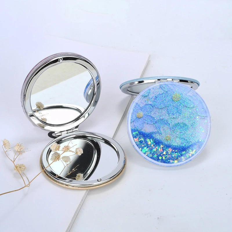 Mini Pocket Makeup Mirror Creative Cosmetic Compact Mirrors with Flowing Sand Foldable Student Compact Cute Pocket Mirror ﻿