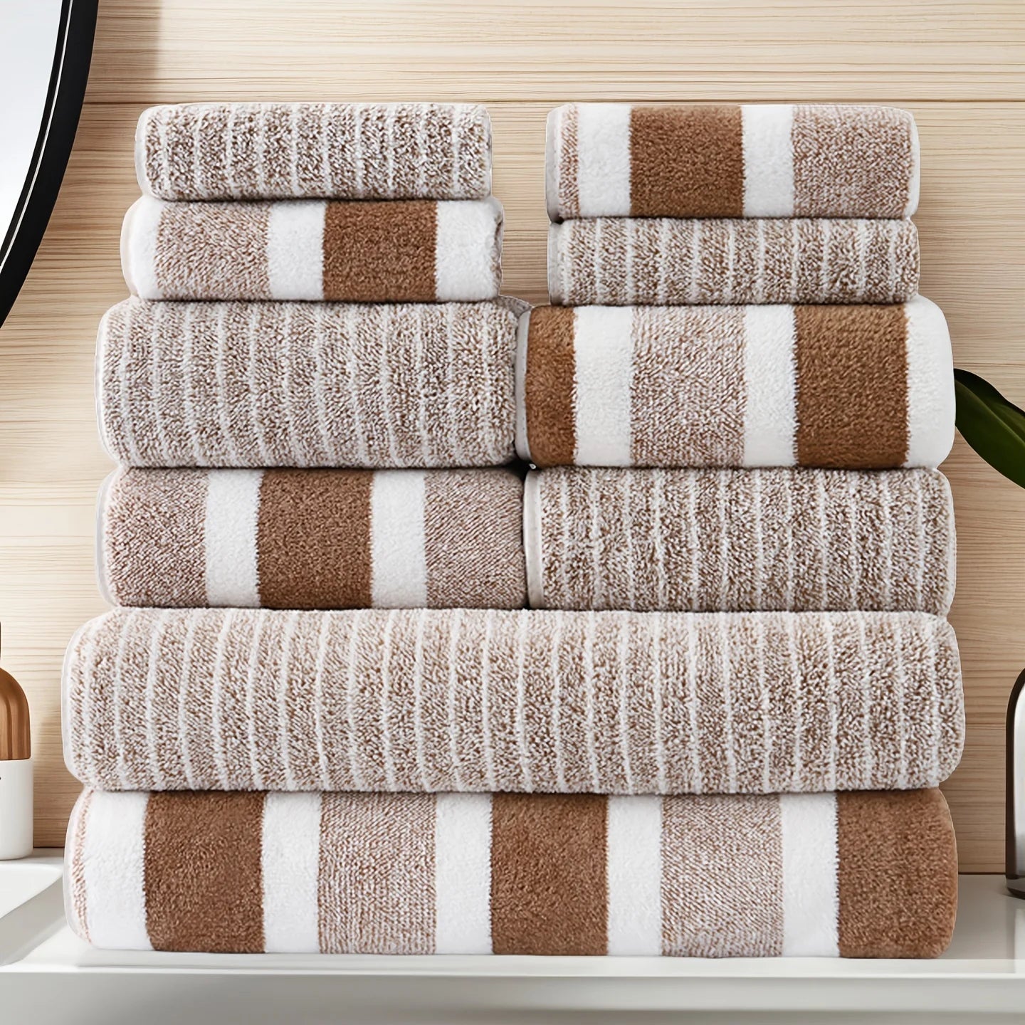 10-Piece Ultra Absorbent Towel Set, Lint-Free & Super Soft Two-Tone Striped Bath Towel Collection, Premium Microfiber Bathroom Towel Set Includes 2 Bath Towels, 4 Face Towels & 4 Hand Towels, Suitable for Bathroom, Spa & Hote