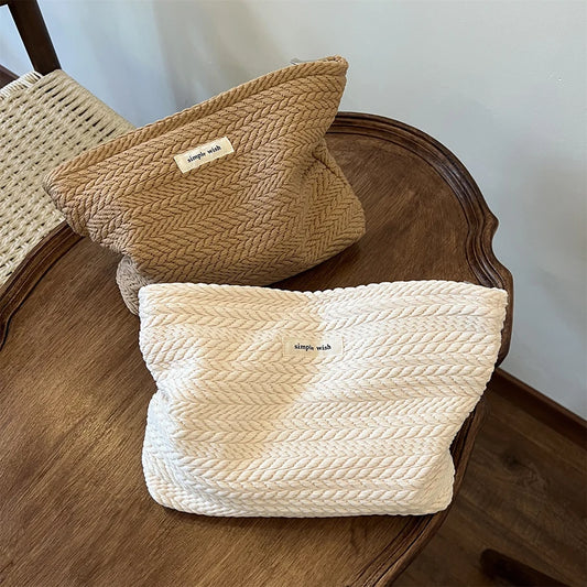 Rice Grain Pattern Woven Fabric Handbag, Women'S Travel Cosmetic Storage Organizer, Makeup Pouch, Toiletry Bag
