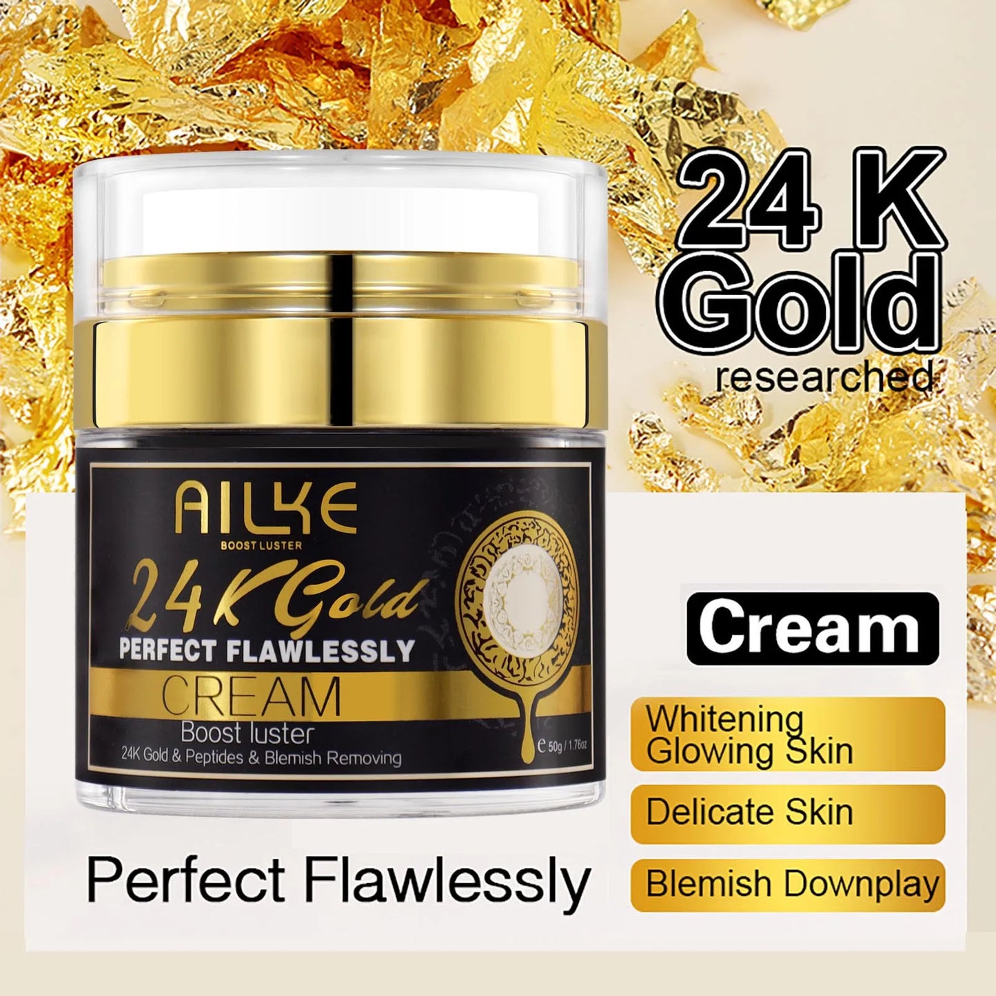 AILKE 24k Gold Perfect Flawlessly Face Cream, Whitening, Reduce Spots, Melanin, Improve Dull Skin, With Glutathione Vitamin C