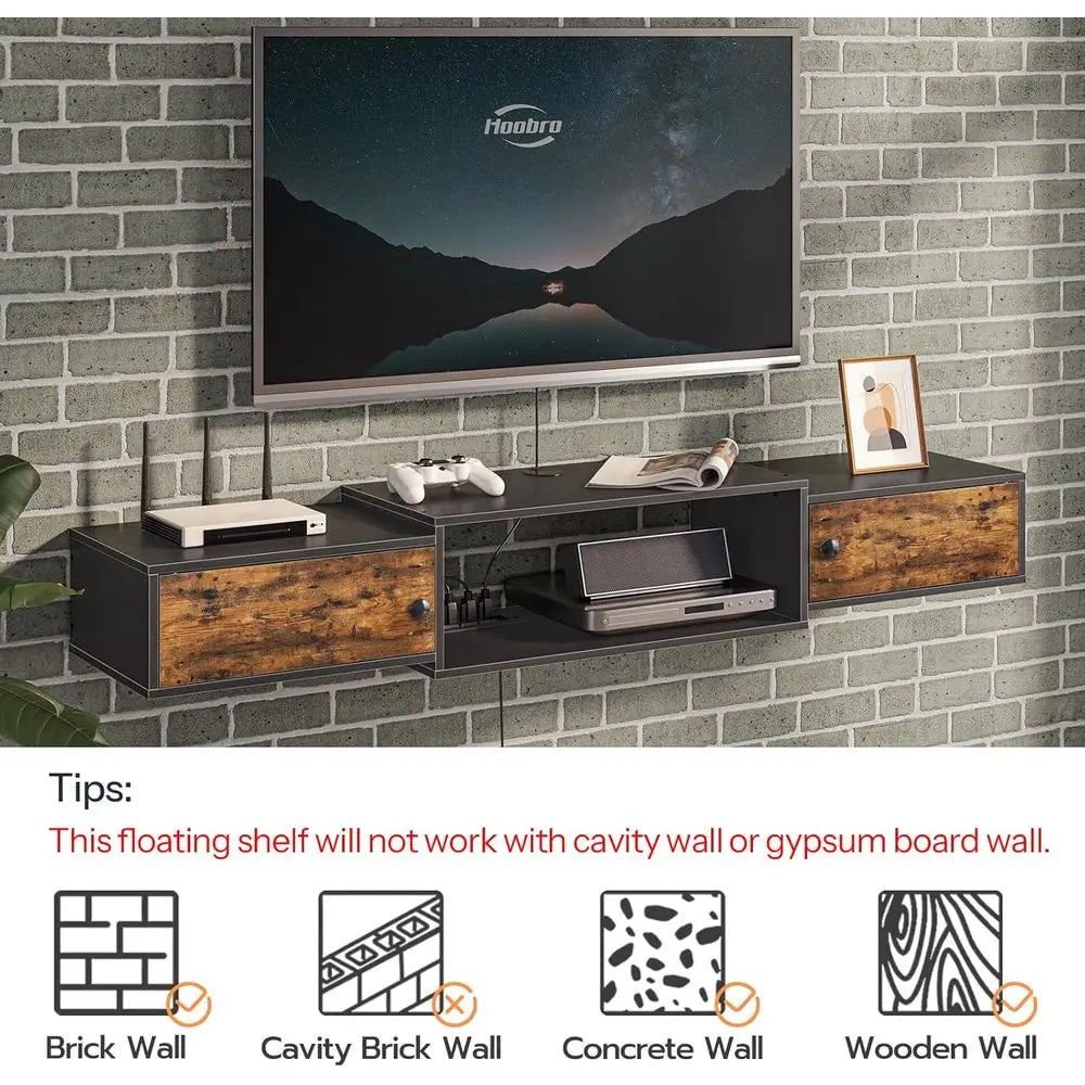 55 Floating TV Stand with Power Outlet, Wall Mount Media Shelf, Storage for Living Room or Bedroom, Rustic Brown and Black Enter