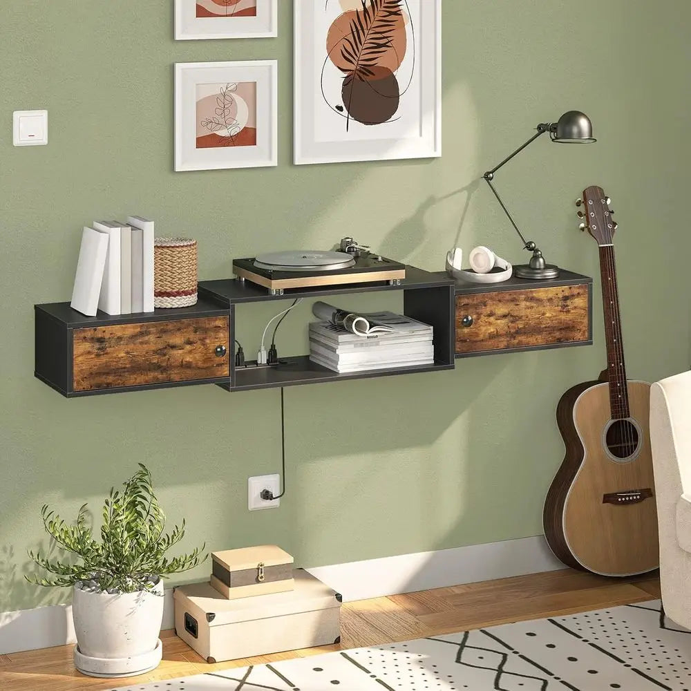 55 Floating TV Stand with Power Outlet, Wall Mount Media Shelf, Storage for Living Room or Bedroom, Rustic Brown and Black Enter