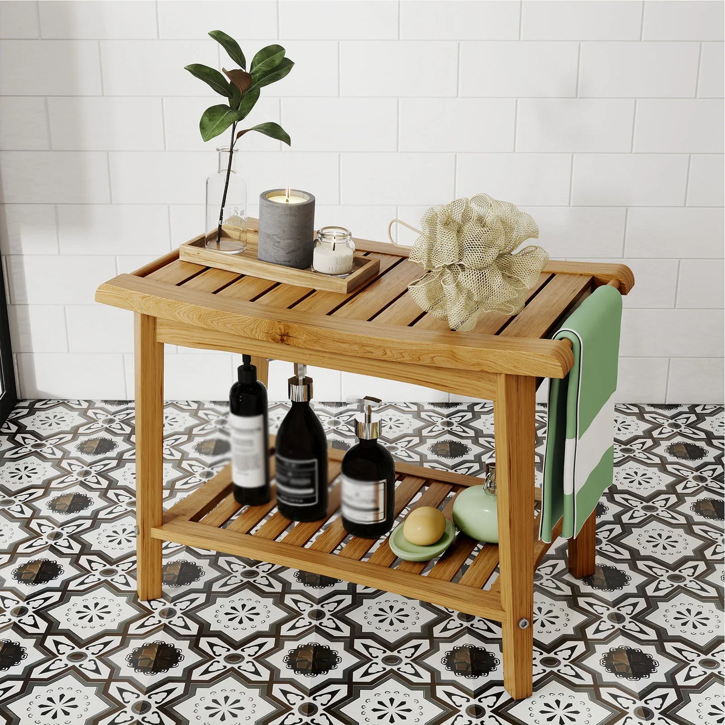 Wood Bath Seat Shower Bench Wood Water Proof Ergonomic Shower Stool with Storage Shelf for Bathroom Spa Wood Shower Chair