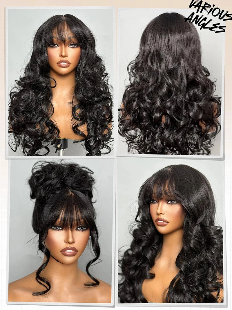 Rosslyn Body Wave 100% Human Hair Wigs 34 Inch WIG With Bangs 200% Density Brazilian Wig Wear And Go Bleached Knotted For Woman