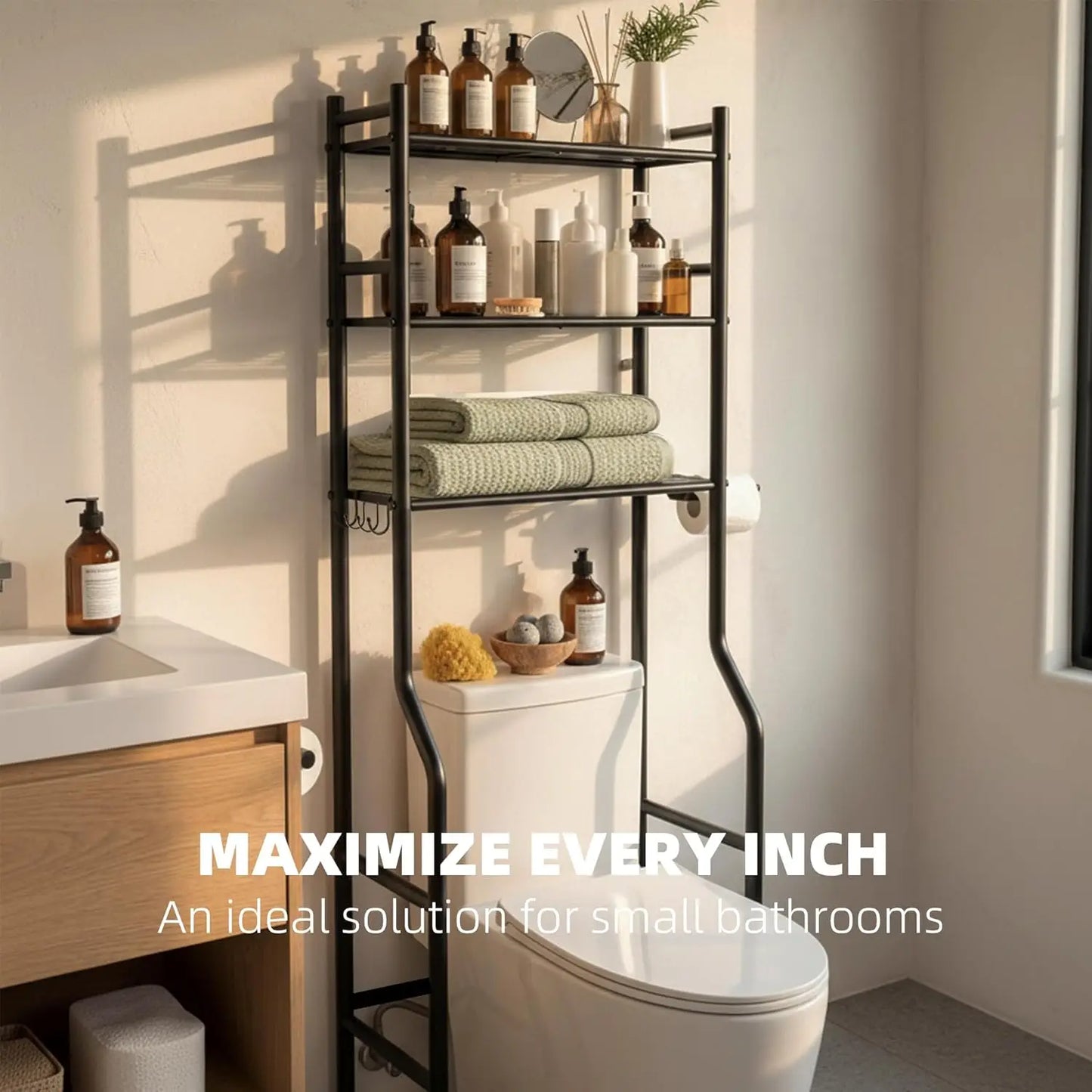 3-Tier Over Toilet Storage with Anti-Tilt Safety System - 150lb Total Capacity Metal Bathroom Shelves