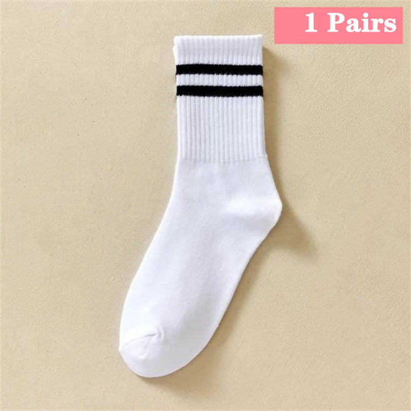 1/5/6/10/20 Pairs Women Mid Tube Socks Fashion Breathable Sports Sock  Parallel Bar Pattern Sweat Wicking Non Pilling Girl Sock
