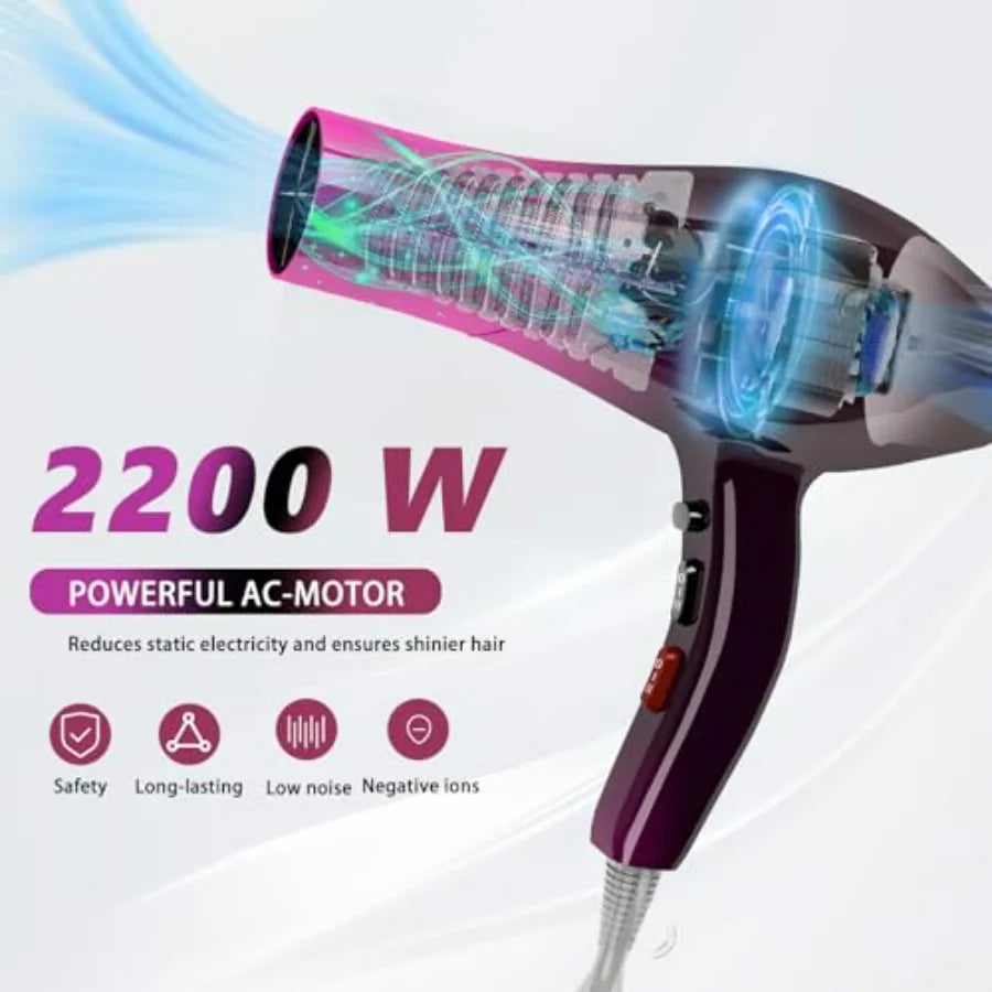 Ionic hair dryer for professional use, 2400W with negative ion technology, crimson fade color, low noise and fast drying