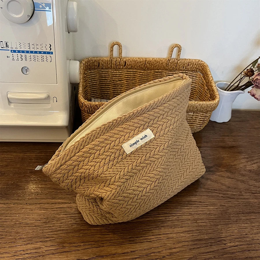 Rice Grain Pattern Woven Fabric Handbag, Women'S Travel Cosmetic Storage Organizer, Makeup Pouch, Toiletry Bag