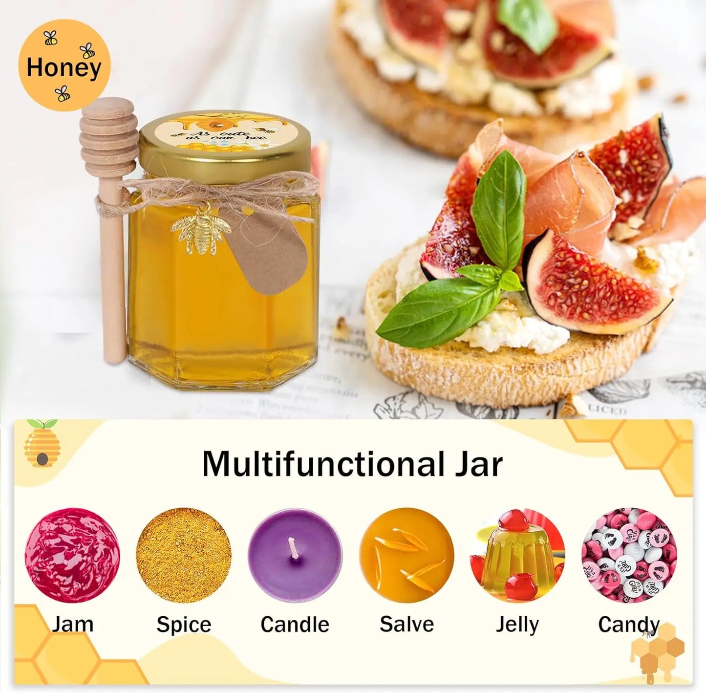 70 Pack 3 oz Hexagon Glass Honey Jars with Dippers, Lids, Stickers, Charms, Bags for Party Favors
