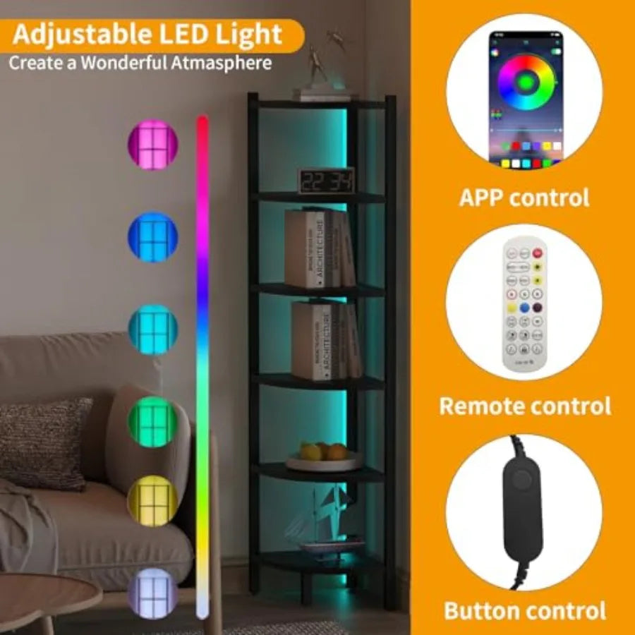 Corner Shelf with LED Lights, 6-Tier Corner Bookshelf, 66'' Organizer Book Shelf Shelves Steel Frame Display Stand with Living