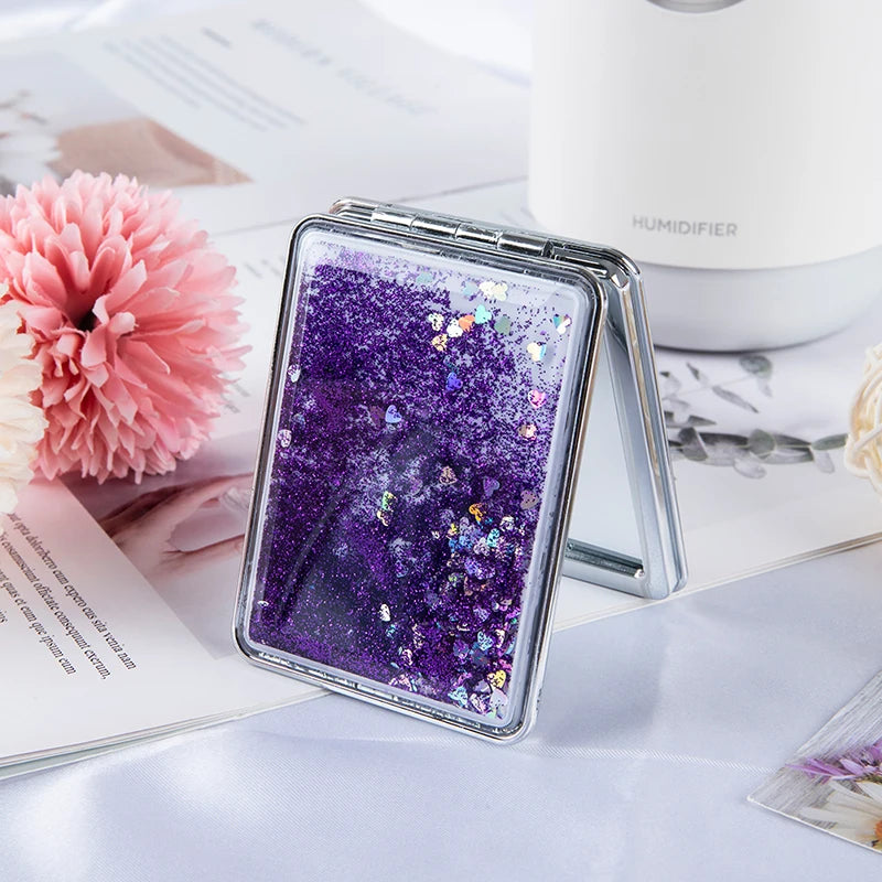 Mini Pocket Makeup Mirror Creative Cosmetic Compact Mirrors with Flowing Sand Foldable Student Compact Cute Pocket Mirror ﻿