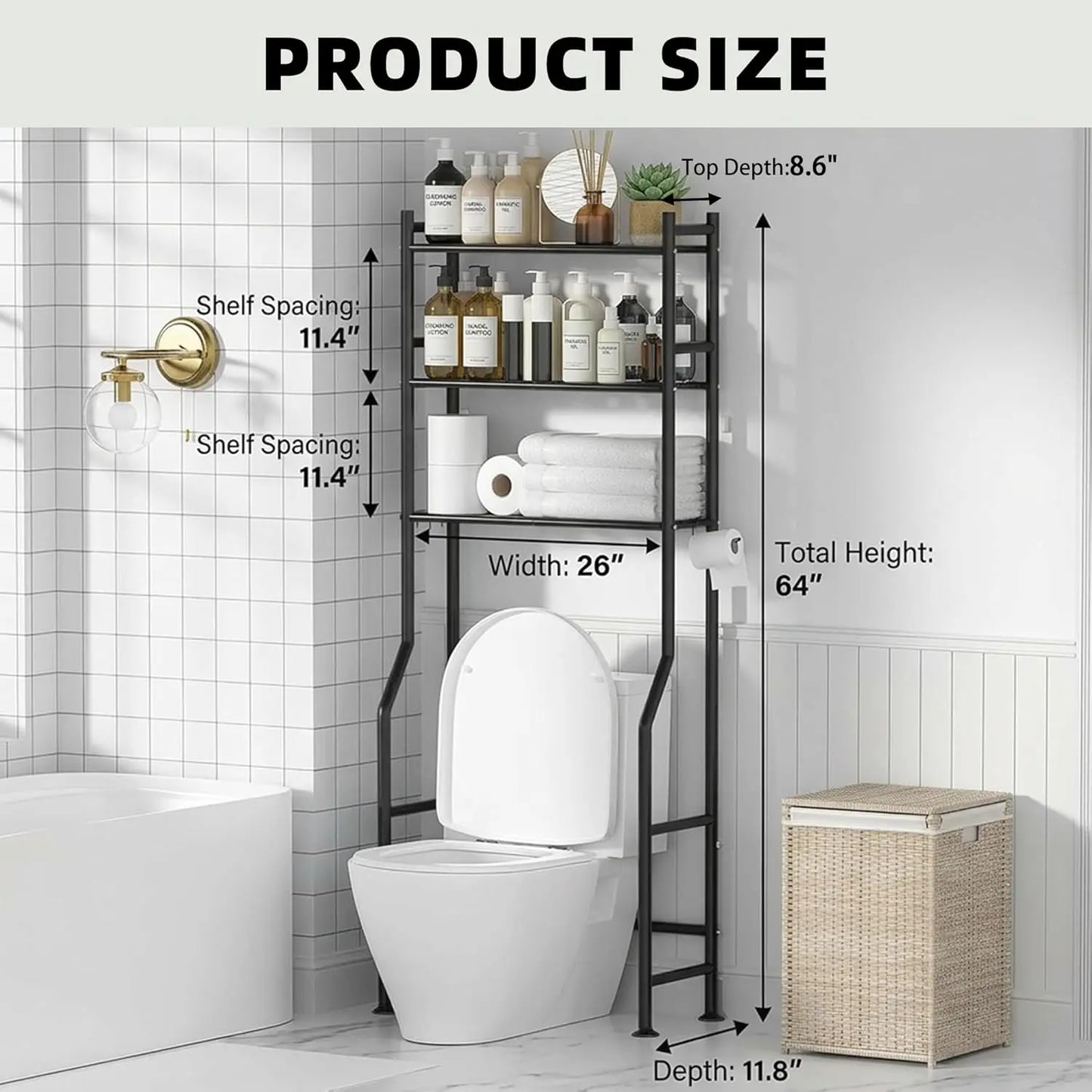 3-Tier Over Toilet Storage with Anti-Tilt Safety System - 150lb Total Capacity Metal Bathroom Shelves