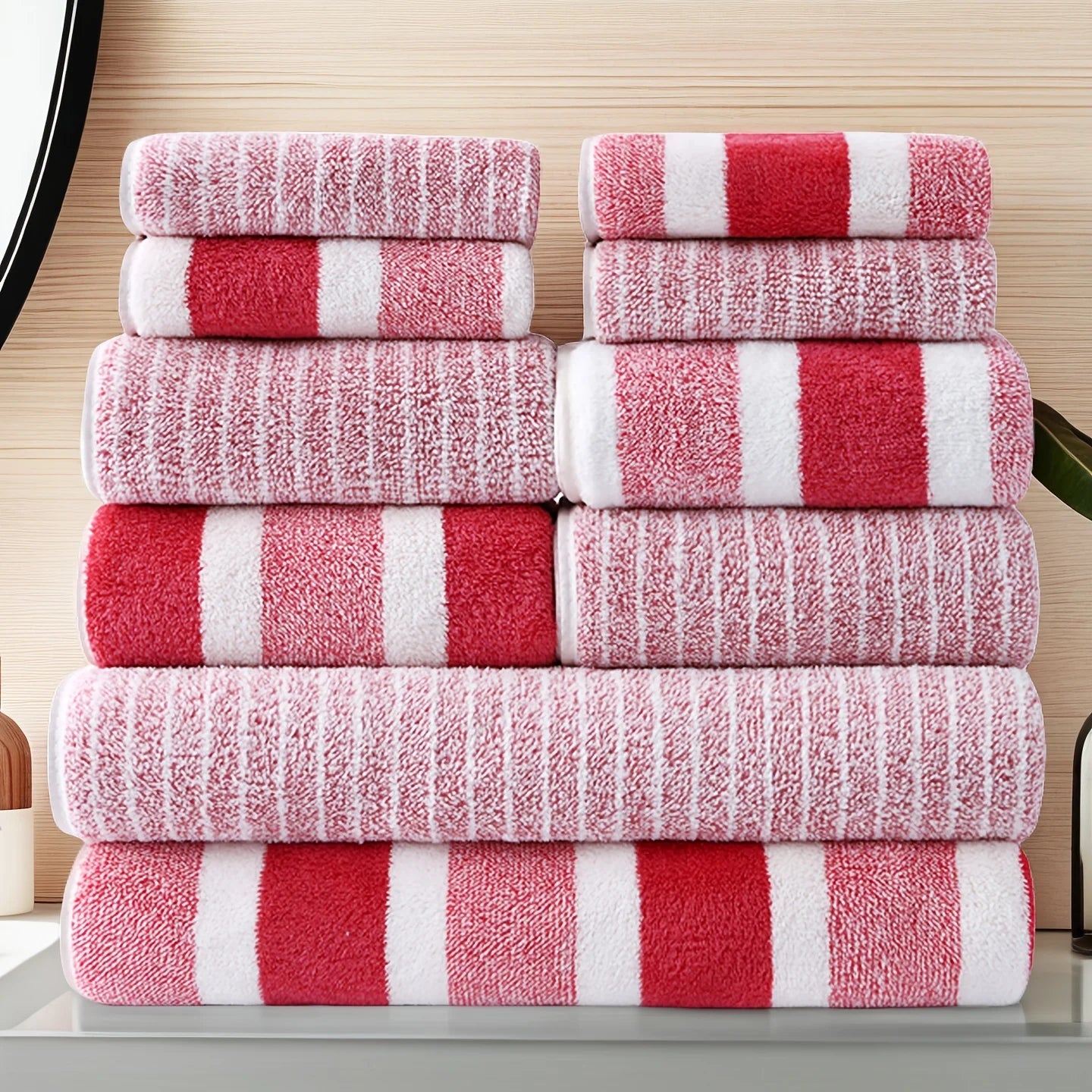 10-Piece Ultra Absorbent Towel Set, Lint-Free & Super Soft Two-Tone Striped Bath Towel Collection, Premium Microfiber Bathroom Towel Set Includes 2 Bath Towels, 4 Face Towels & 4 Hand Towels, Suitable for Bathroom, Spa & Hote