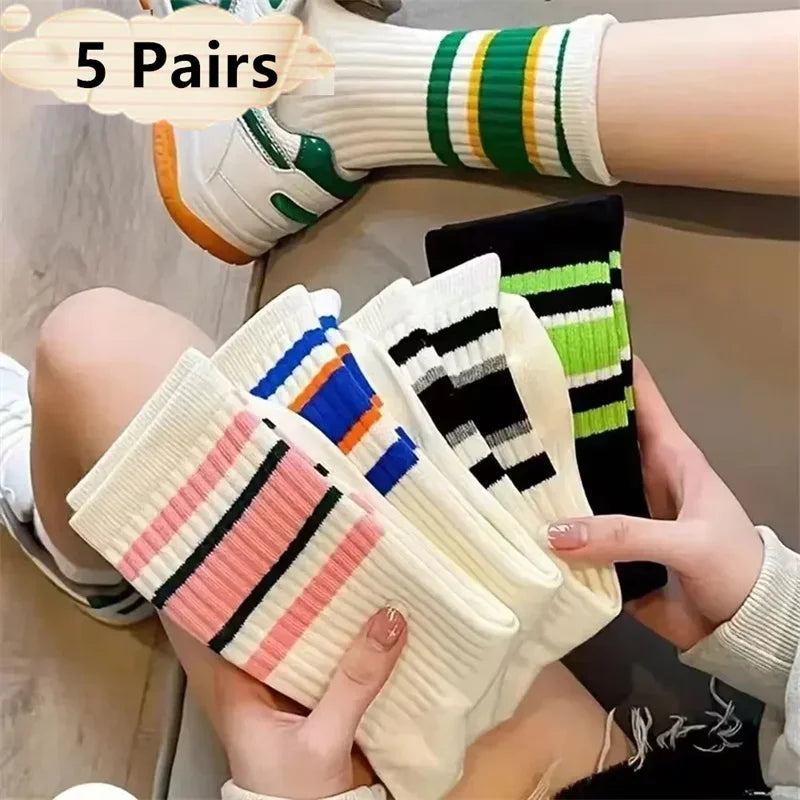 1/5/6/10/20 Pairs Women Mid Tube Socks Fashion Breathable Sports Sock  Parallel Bar Pattern Sweat Wicking Non Pilling Girl Sock