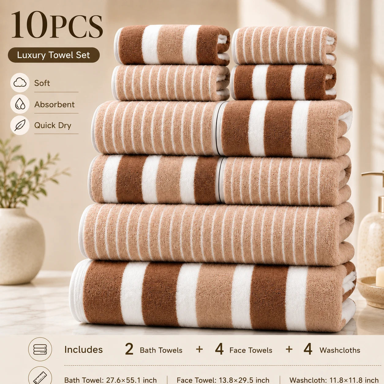10-Piece Ultra Absorbent Towel Set, Lint-Free & Super Soft Two-Tone Striped Bath Towel Collection, Premium Microfiber Bathroom Towel Set Includes 2 Bath Towels, 4 Face Towels & 4 Hand Towels, Suitable for Bathroom, Spa & Hote