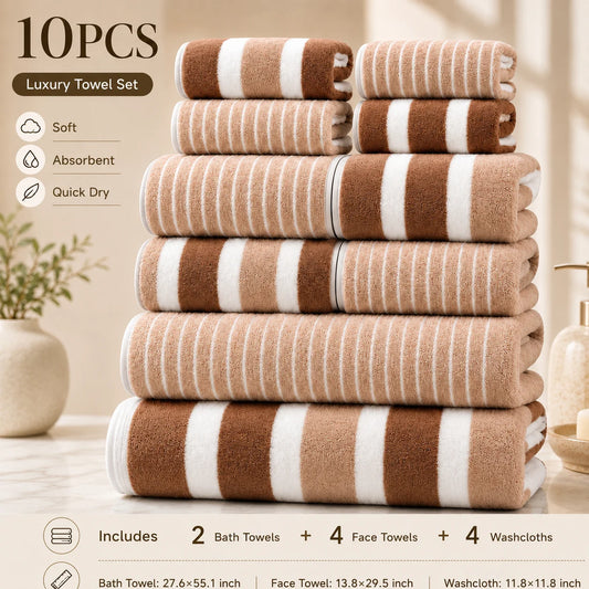 10-Piece Ultra Absorbent Towel Set, Lint-Free & Super Soft Two-Tone Striped Bath Towel Collection, Premium Microfiber Bathroom Towel Set Includes 2 Bath Towels, 4 Face Towels & 4 Hand Towels, Suitable for Bathroom, Spa & Hote