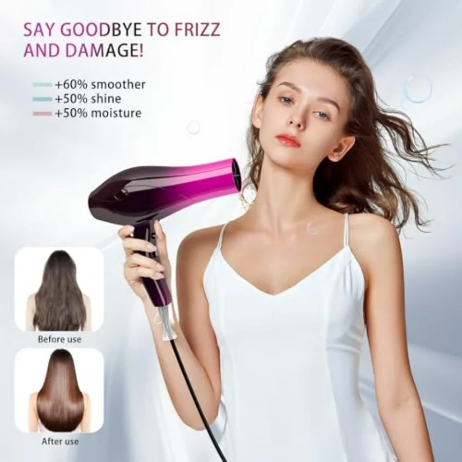 Ionic hair dryer for professional use, 2400W with negative ion technology, crimson fade color, low noise and fast drying