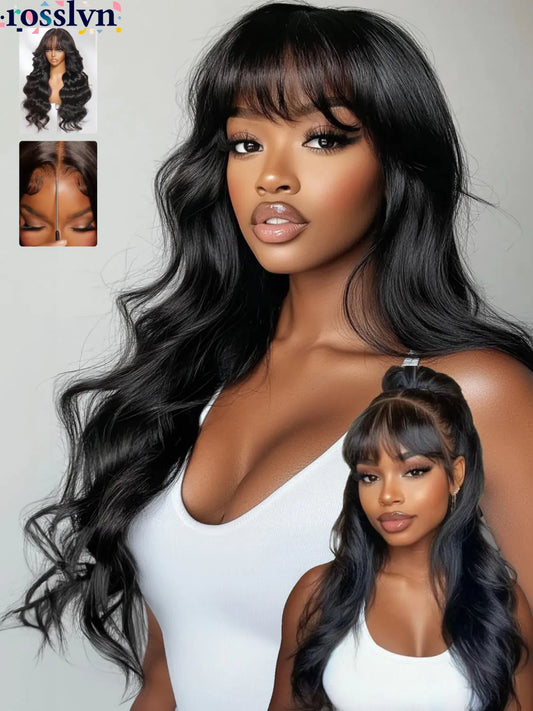 Rosslyn Body Wave 100% Human Hair Wigs 34 Inch WIG With Bangs 200% Density Brazilian Wig Wear And Go Bleached Knotted For Woman