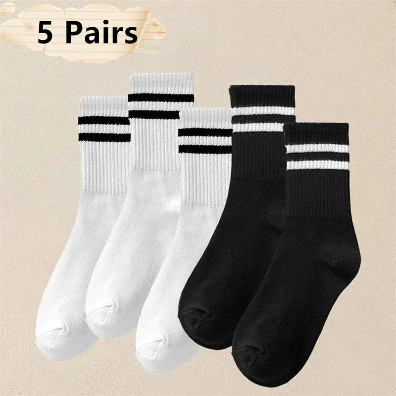 1/5/6/10/20 Pairs Women Mid Tube Socks Fashion Breathable Sports Sock  Parallel Bar Pattern Sweat Wicking Non Pilling Girl Sock