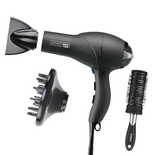 Hair dryer for professional use, ceramic-tourmaline material, gray color, with diffuser, concentrator and blowout brush, AC mot